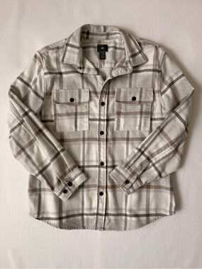 H&M Plaid Flannel Overshirt Shacket Cream Tan Size XL